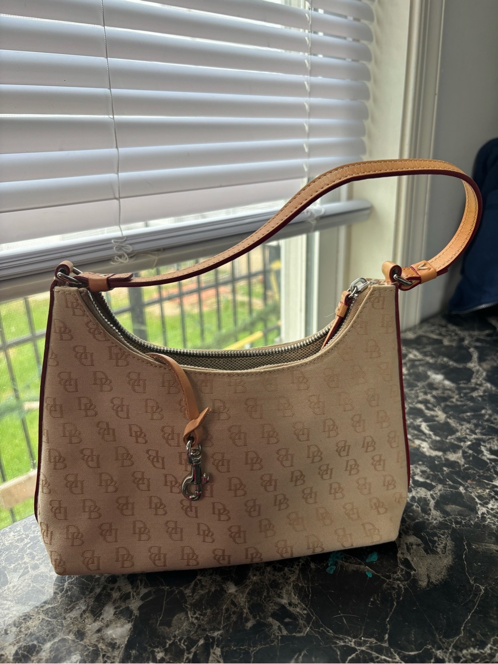 Dooney & Bourke Beige Monogram Shoulder Bag with Tan Trim